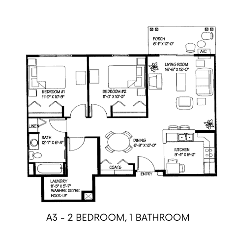 Floor plan for 2 beds, 1 bath, 980 sqft
